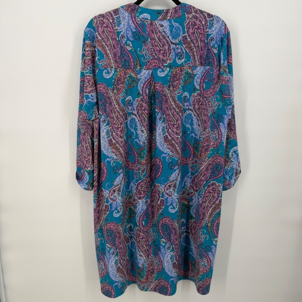 Dear Scarlett Teal Pink Paisley Roll Tab Sleeve Shift Dress 2X Non Wrinkle - Picture 5 of 10